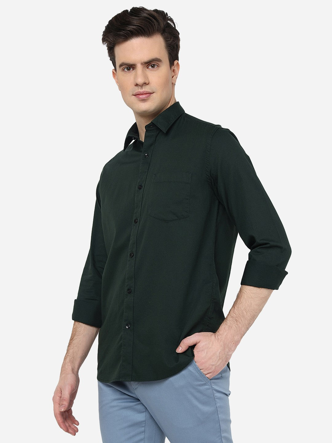 Bottle Green Solid Smart Fit Semi Casual Shirt | Pehervi