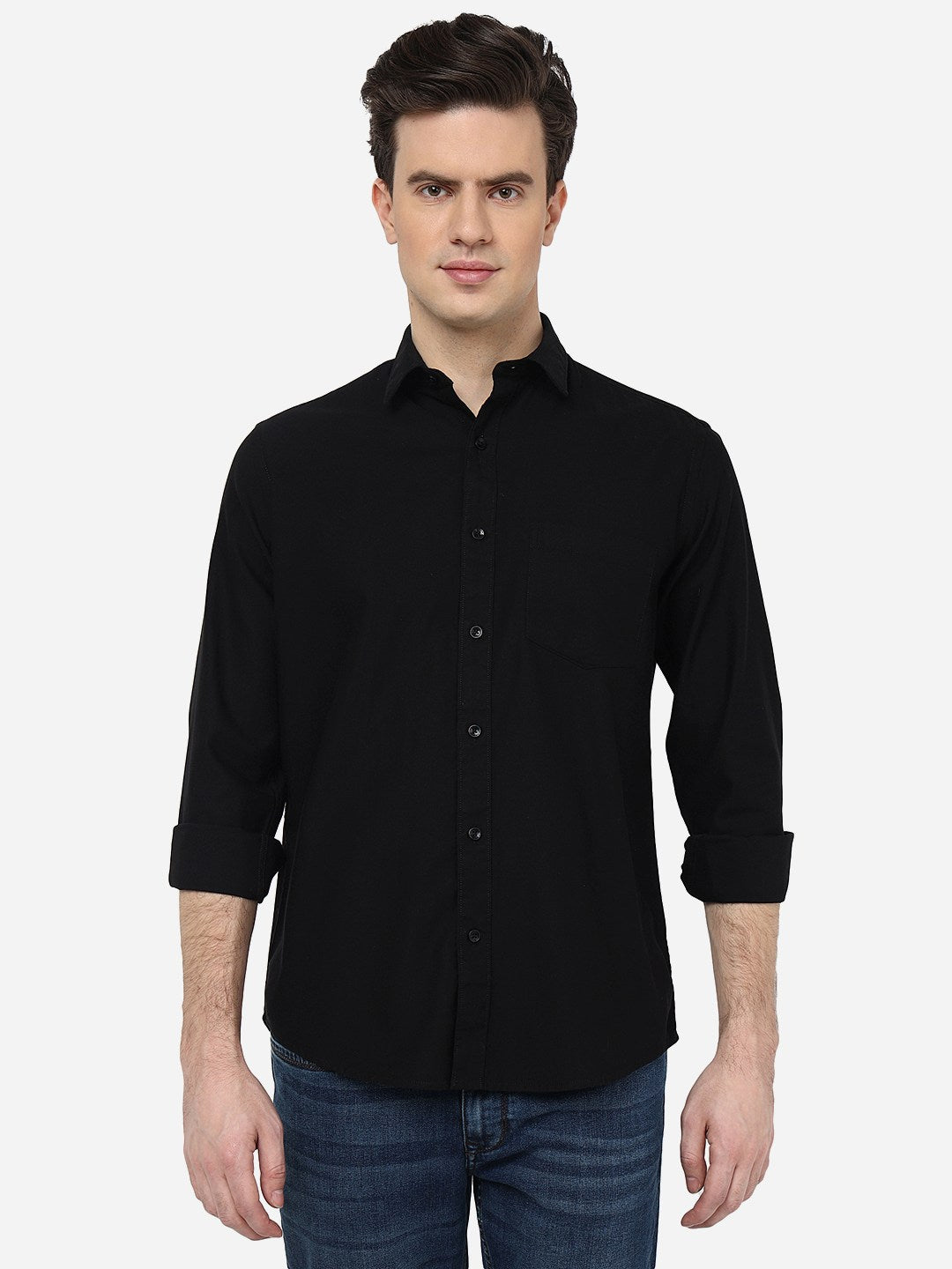Black Solid Smart Fit Semi Casual Shirt | Pehervi