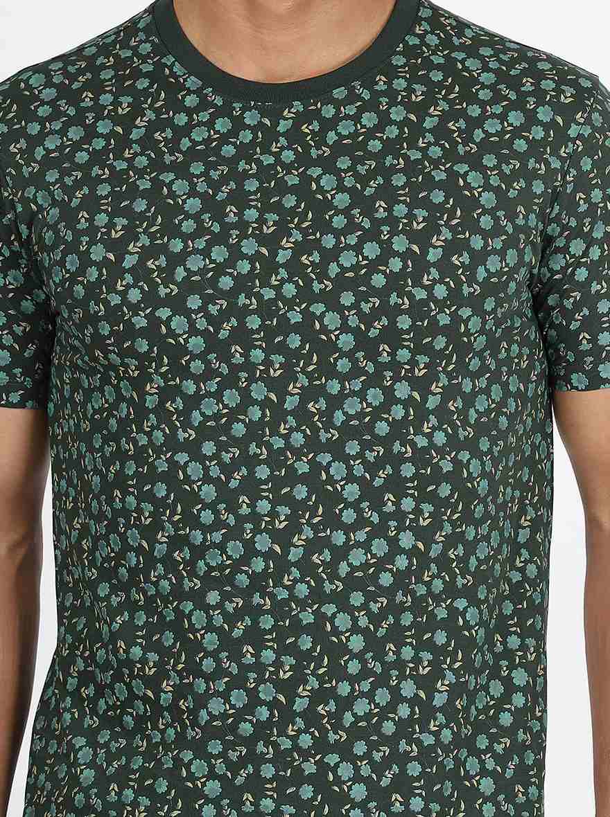 Bottle Green Printed Slim Fit T-Shirt | pehervi