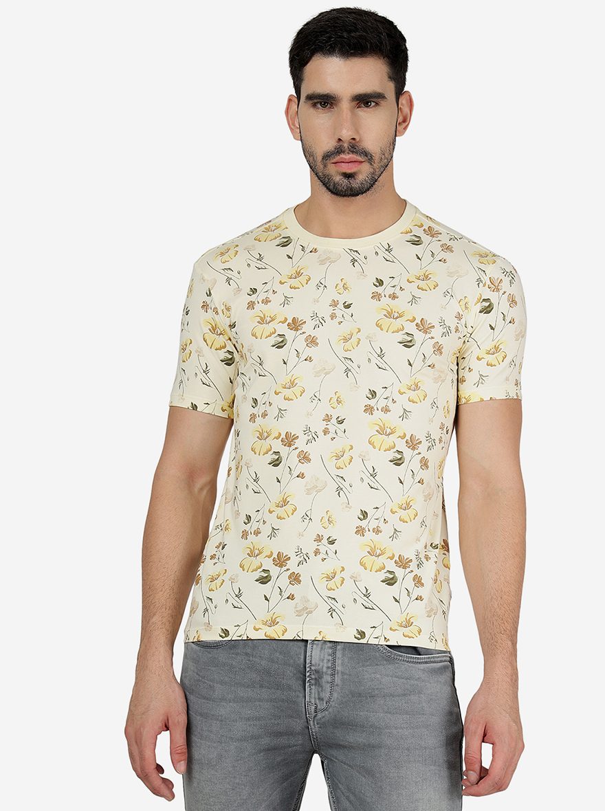 Cream Printed Slim Fit T-Shirt | pehervi