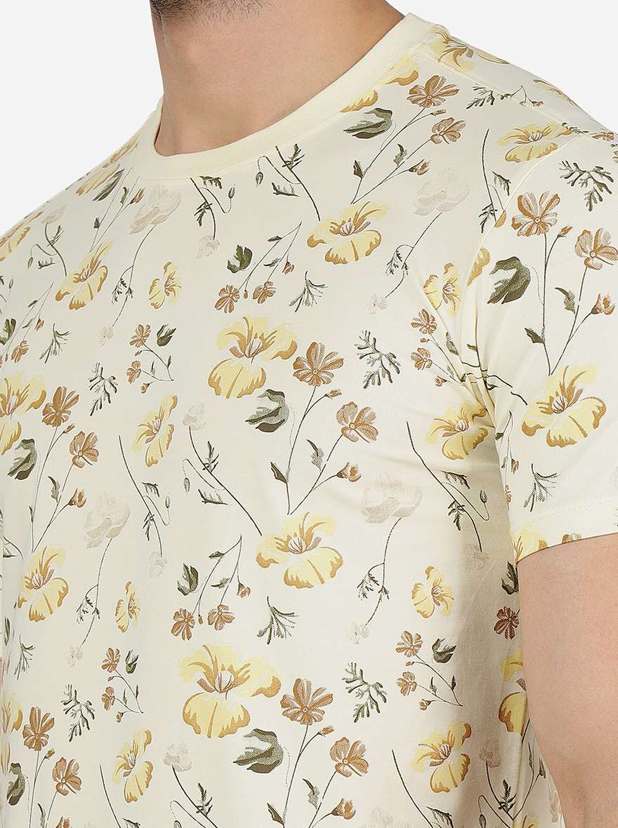 Cream Printed Slim Fit T-Shirt | pehervi