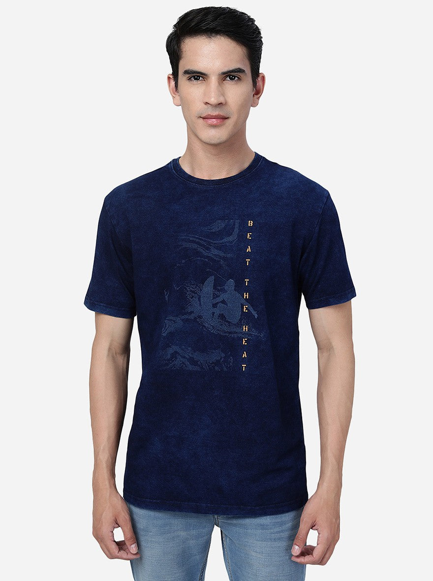 Denim Blue Printed Slim Fit T-Shirt | pehervi