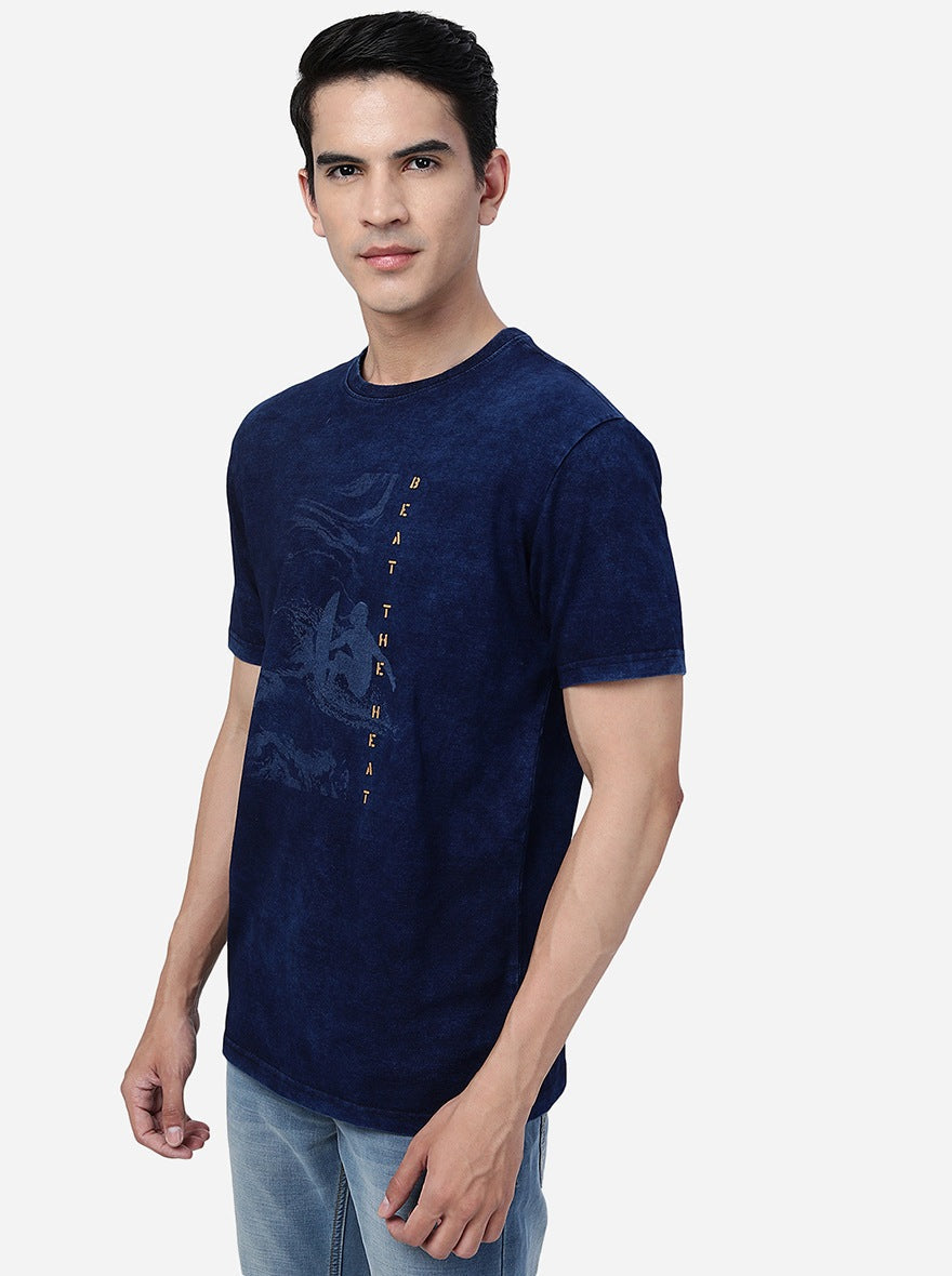 Denim Blue Printed Slim Fit T-Shirt | pehervi