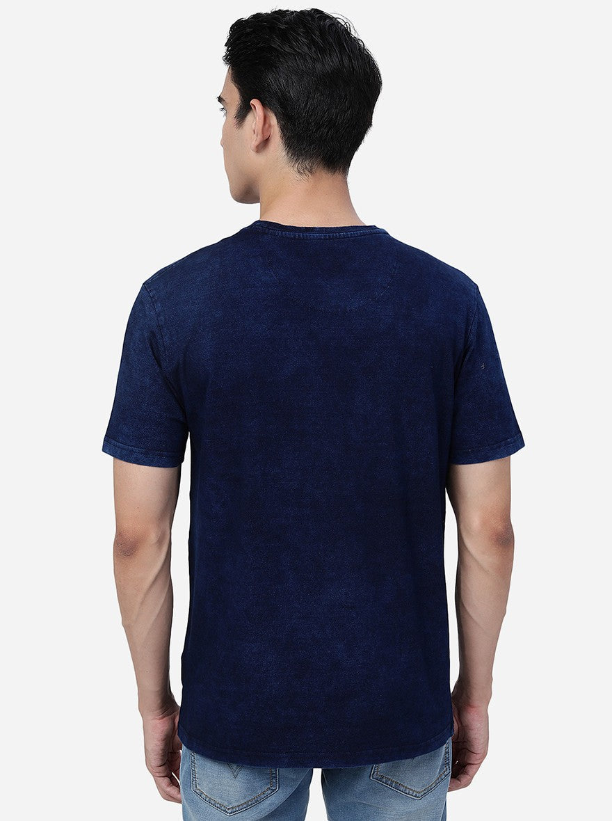 Denim Blue Printed Slim Fit T-Shirt | pehervi