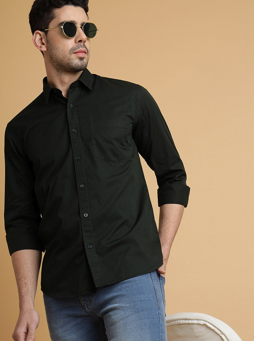 Bottle Green Solid Slim Fit Semi Casual Shirt | Pehervi