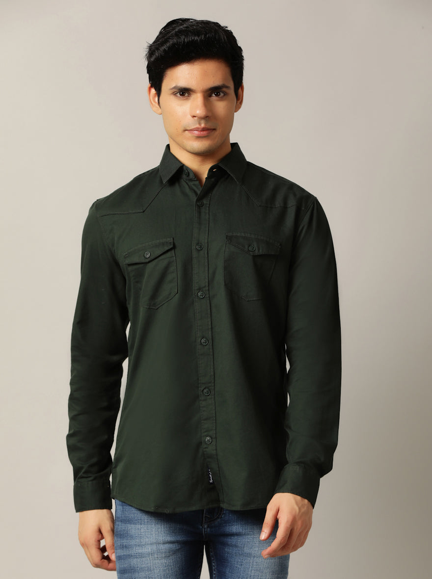 Dark Olive Solid Slim Fit Casual Shirt | pehervi