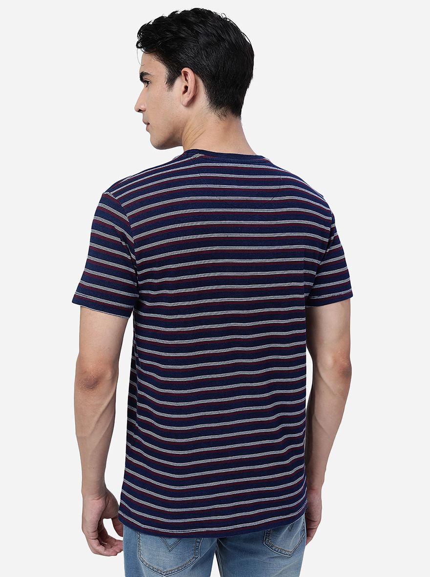 Blue & Maroon Striped Slim Fit T-Shirt | pehervi