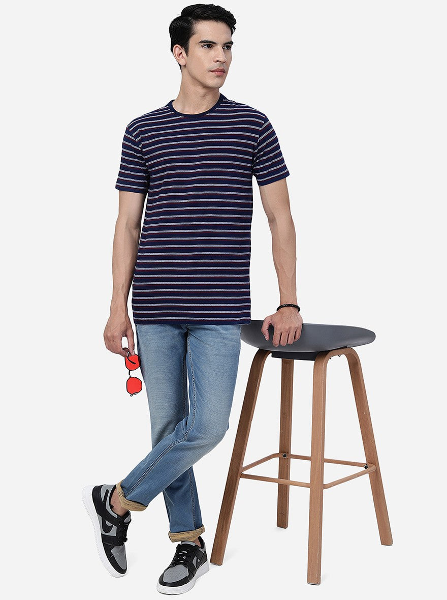 Blue & Maroon Striped Slim Fit T-Shirt | pehervi