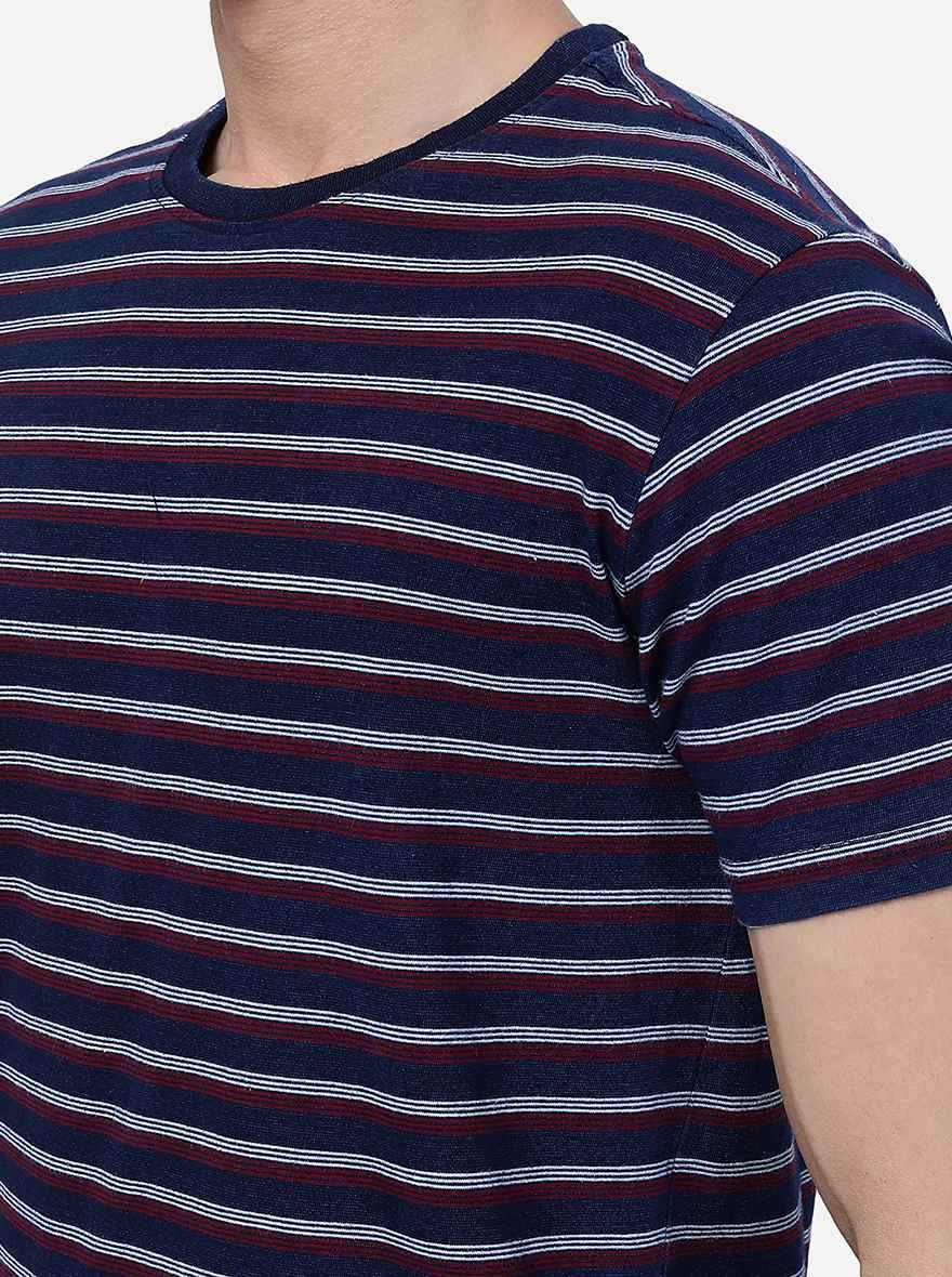 Blue & Maroon Striped Slim Fit T-Shirt | pehervi
