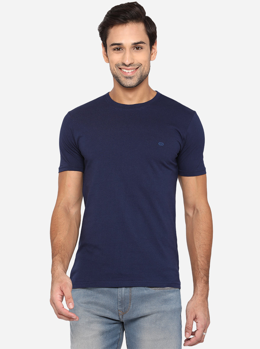 Dress Blue Solid Slim Fit T-Shirt | pehervi