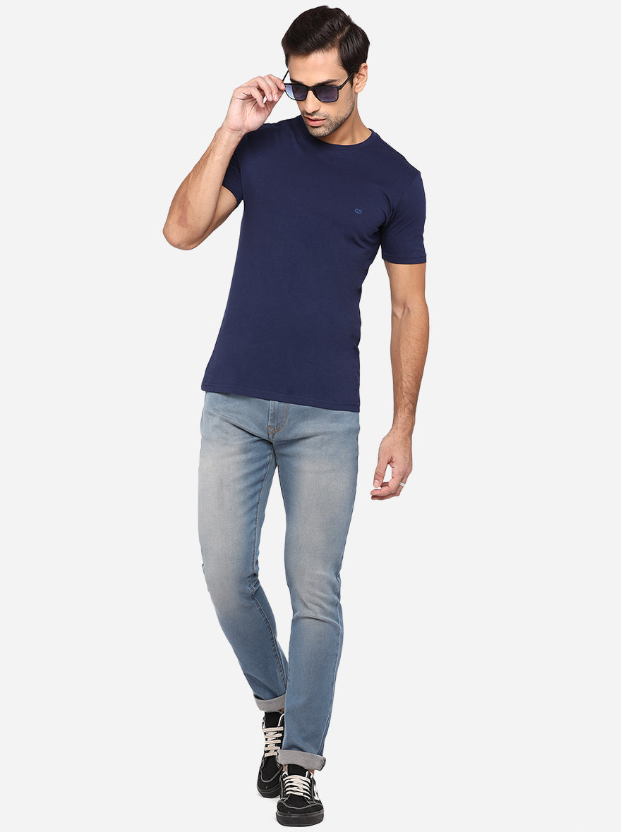 Dress Blue Solid Slim Fit T-Shirt | pehervi