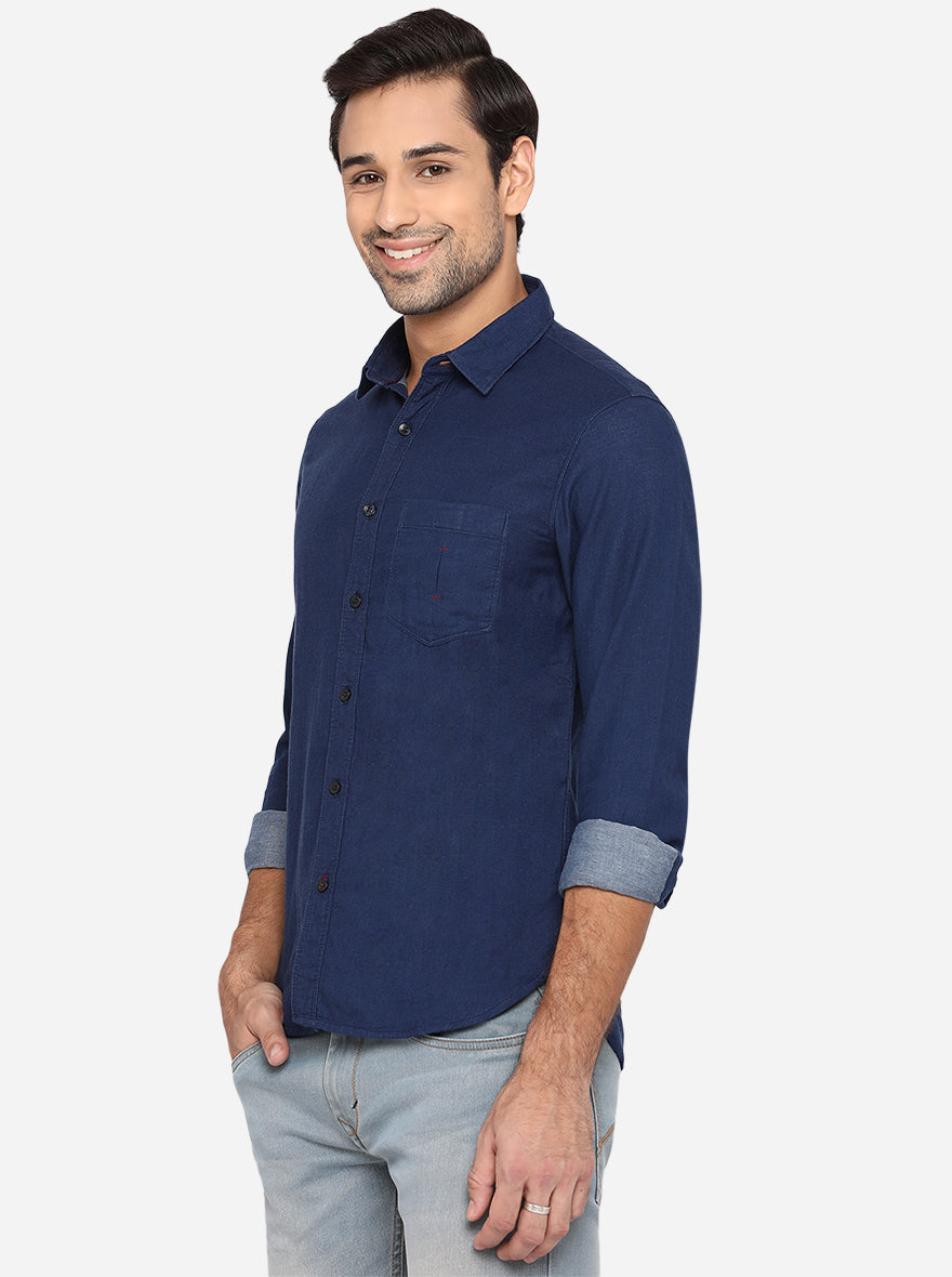 Denim Blue Solid Slim Fit Semi Casual Shirt | Pehervi