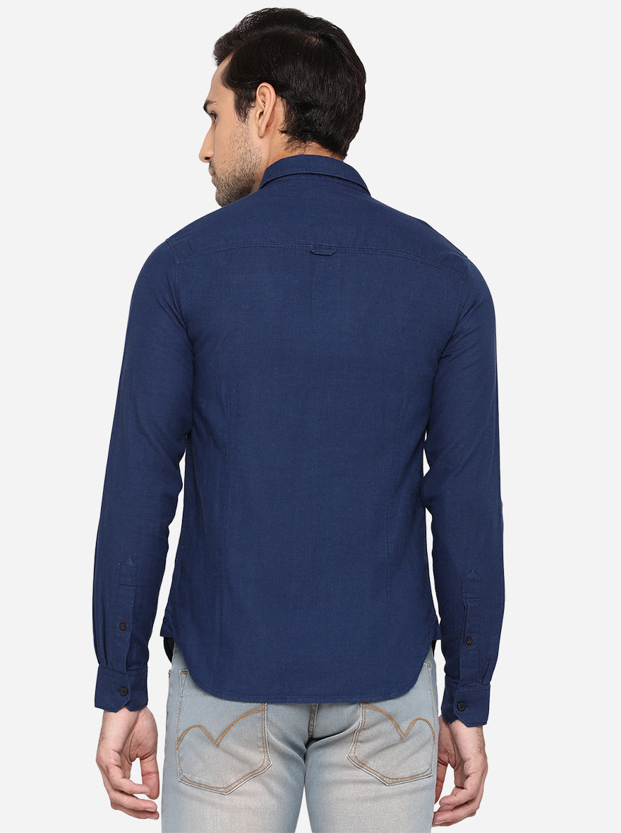 Denim Blue Solid Slim Fit Semi Casual Shirt | Pehervi