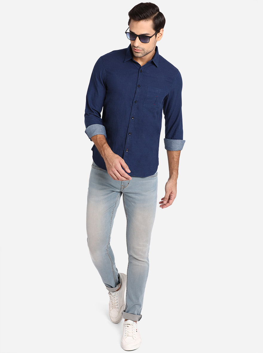 Denim Blue Solid Slim Fit Semi Casual Shirt | Pehervi