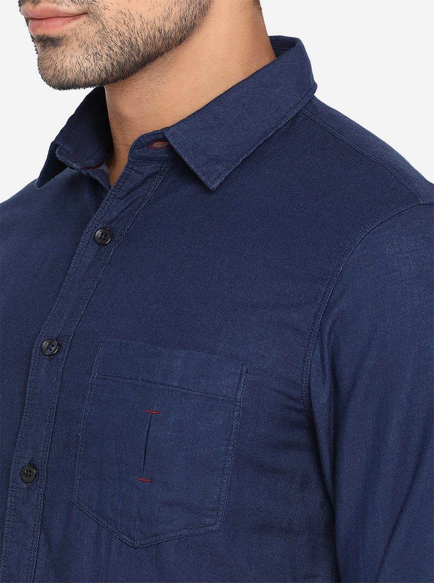 Denim Blue Solid Slim Fit Semi Casual Shirt | Pehervi