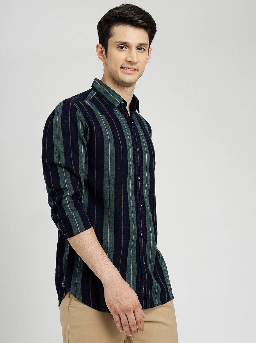 Blue & Green Striped Slim Fit Casual Shirt | pehervi