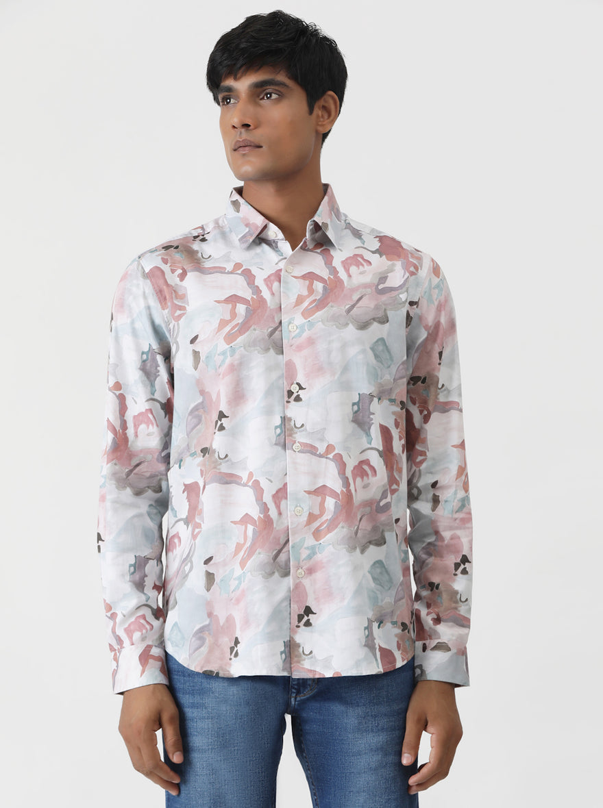 Dusky Pink Printed Slim Fit Casual Shirt | pehervi