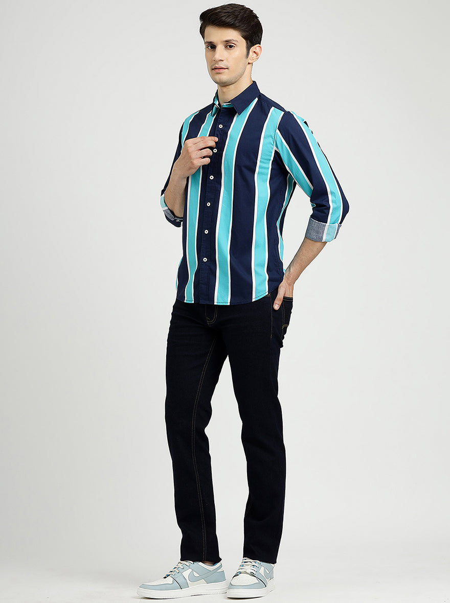 Blue Striped Slim Fit Casual Shirt | pehervi