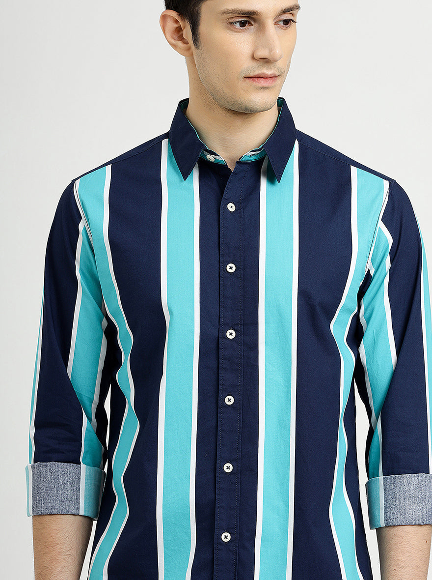 Blue Striped Slim Fit Casual Shirt | pehervi