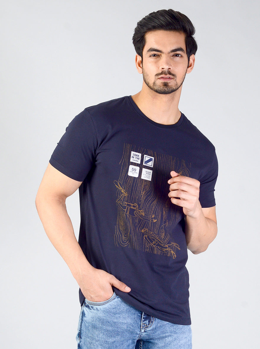Deep Blue Printed Slim Fit T-shirt | pehervi