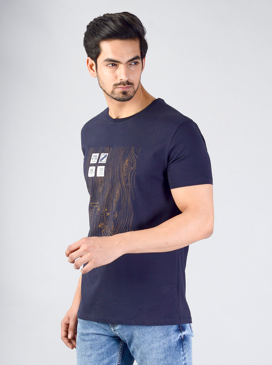Deep Blue Printed Slim Fit T-shirt | pehervi