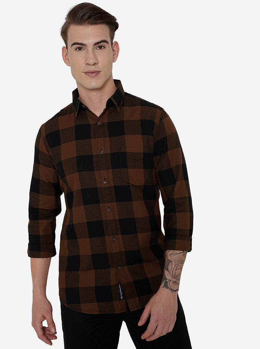 Brown & Navy Blue Checked Slim Fit Semi Casual Shirt | Pehervi