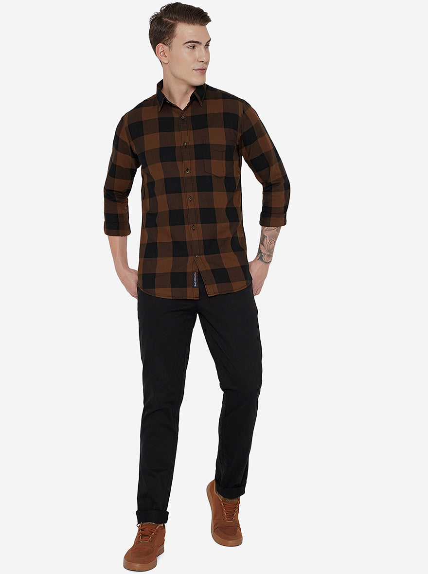 Brown & Navy Blue Checked Slim Fit Semi Casual Shirt | Pehervi
