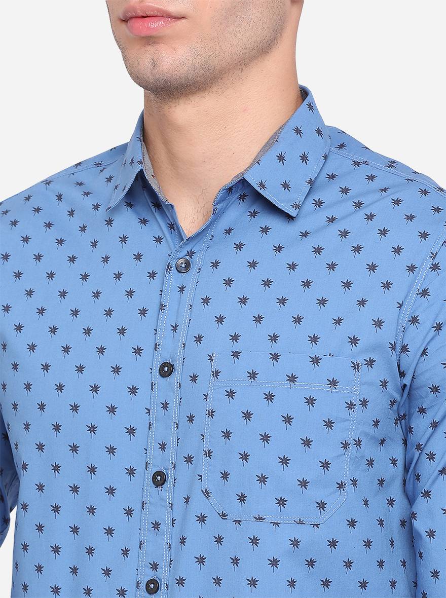 Campanula Blue Printed Slim Fit Semi Casual Shirt | Pehervi