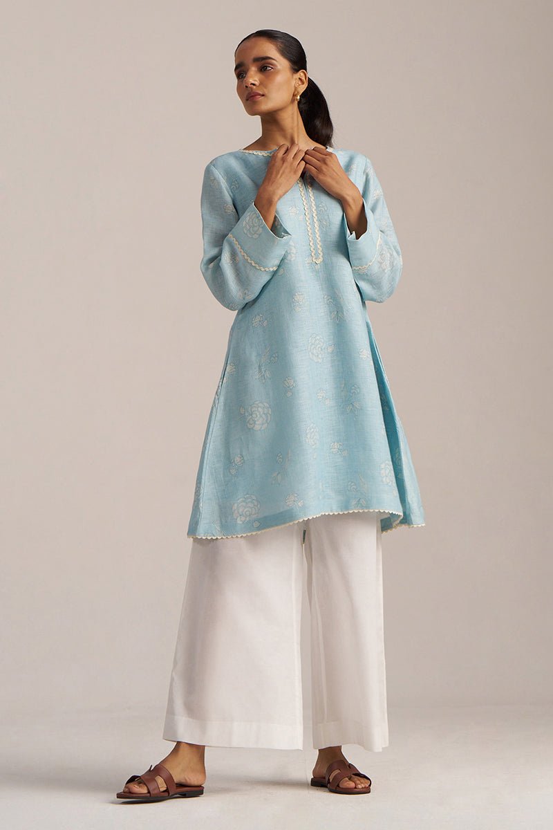 Canal Blue Linen Hand-Printed Kurta