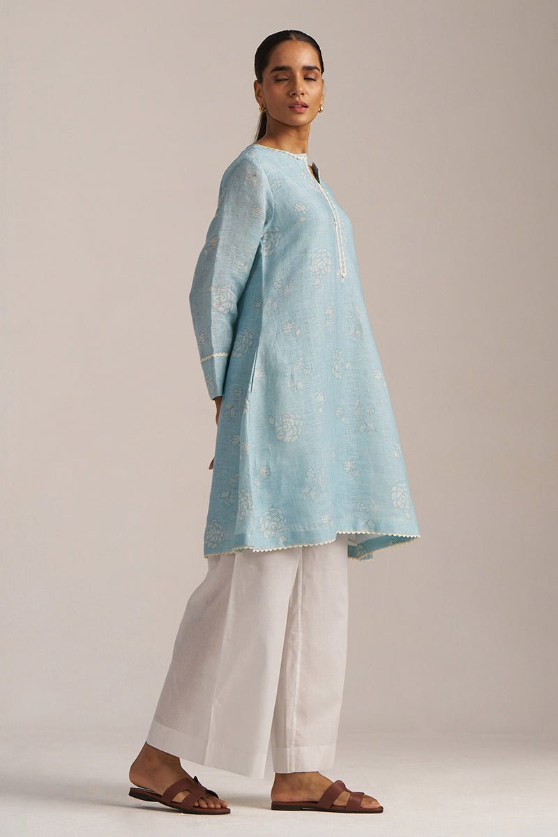 Canal Blue Linen Hand-Printed Kurta