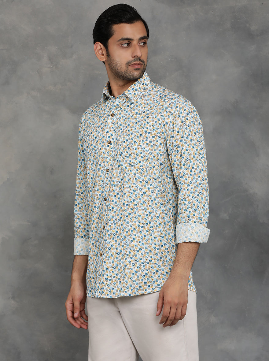 Blue & Yellow Printed Slim Fit Casual Shirt | pehervi