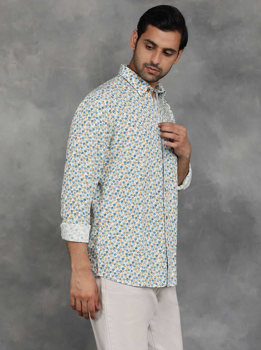Blue & Yellow Printed Slim Fit Casual Shirt | pehervi