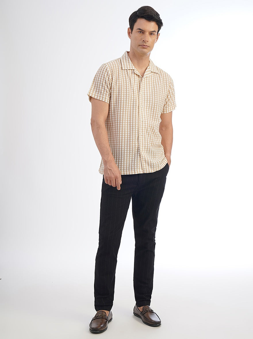 Cream Striped Slim Fit Casual Shirt | pehervi