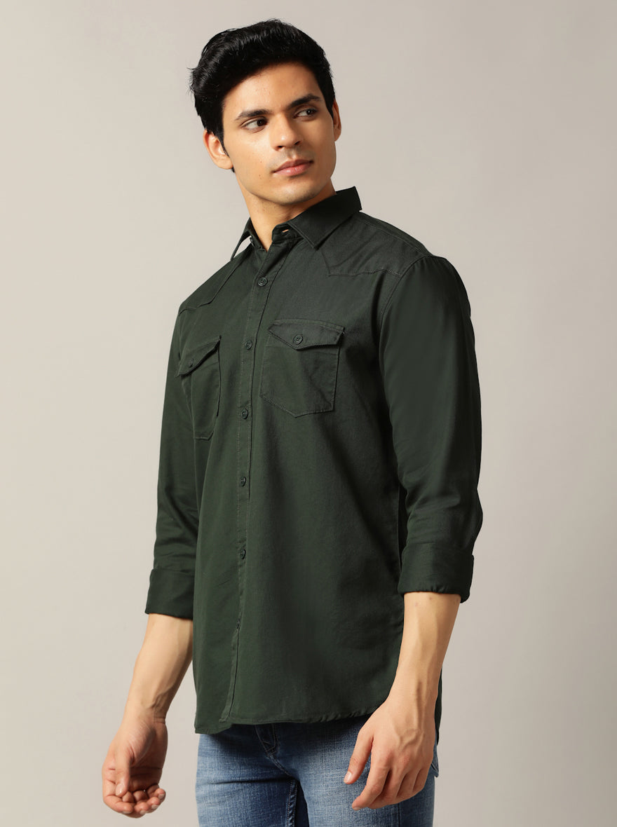 Dark Olive Solid Slim Fit Casual Shirt | pehervi