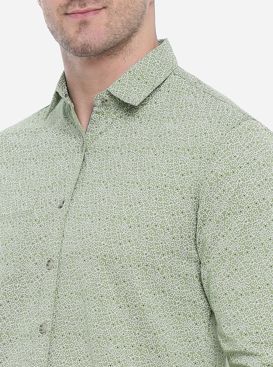 Fair Green Printed Slim Fit Semi Casual Shirt | Pehervi