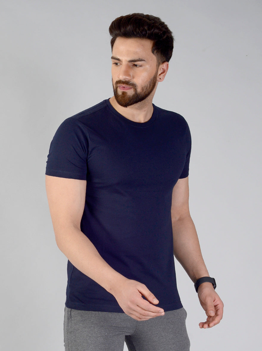 Dark Navy Blue Solid Slim Fit T-shirt | pehervi