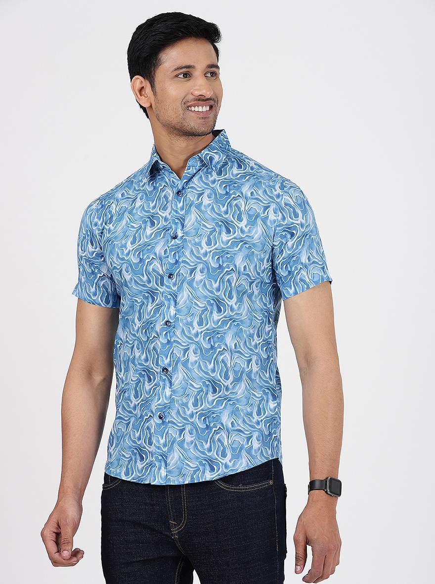 Blue Printed Slim Fit Casual Shirt | pehervi