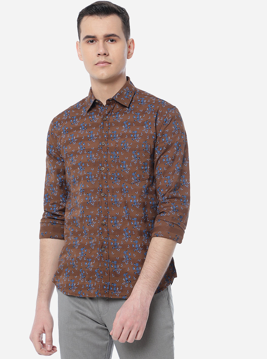 Coffee Brown Printed Slim Fit Semi Casual Shirt | Pehervi