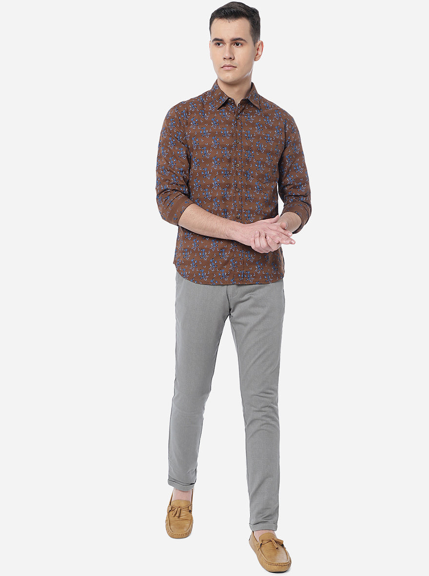Coffee Brown Printed Slim Fit Semi Casual Shirt | Pehervi