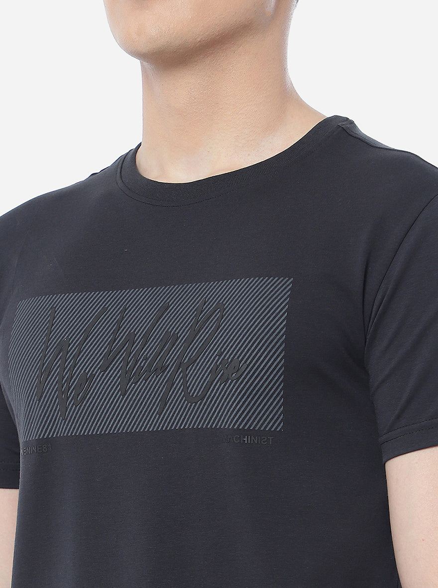 Dark Grey Printed Slim Fit T-Shirt | pehervi