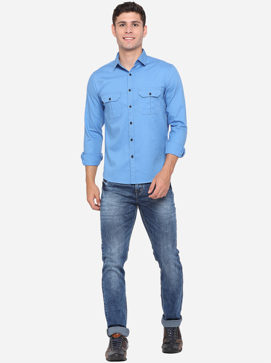 Campanula Blue Solid Slim Fit Semi Casual Shirt | Pehervi