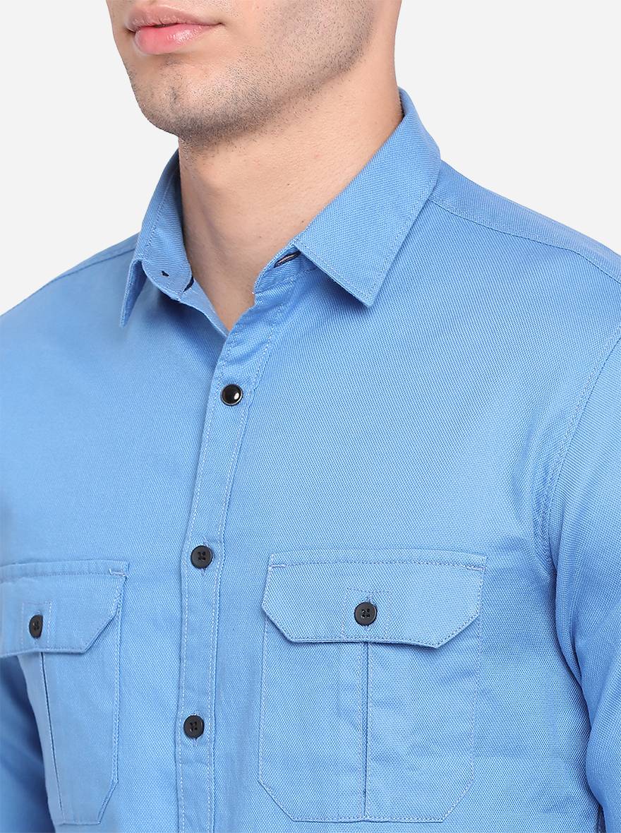 Campanula Blue Solid Slim Fit Semi Casual Shirt | Pehervi