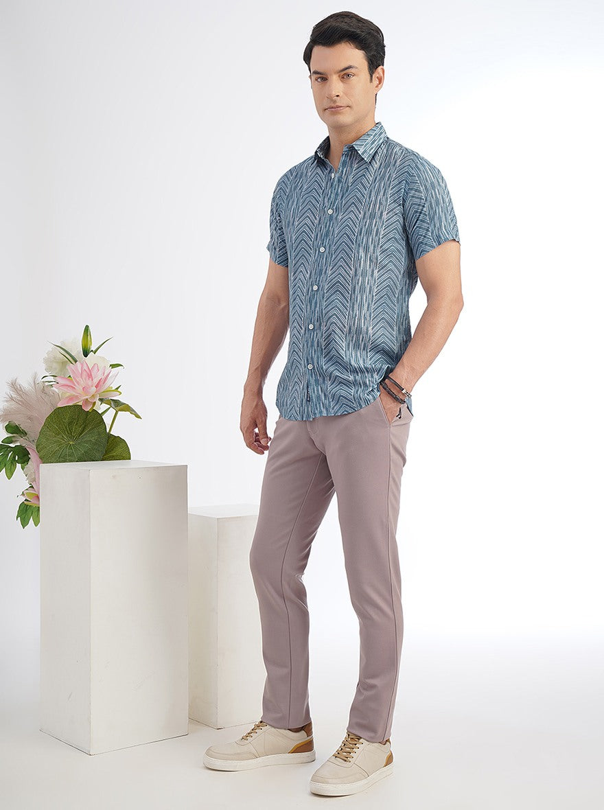 Blue Printed Slim Fit Casual Shirt | pehervi