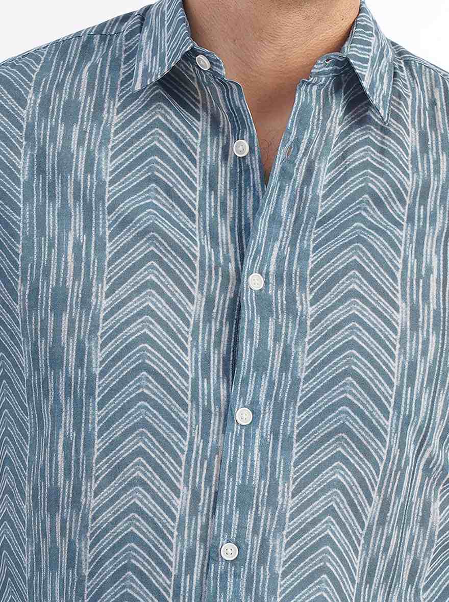 Blue Printed Slim Fit Casual Shirt | pehervi