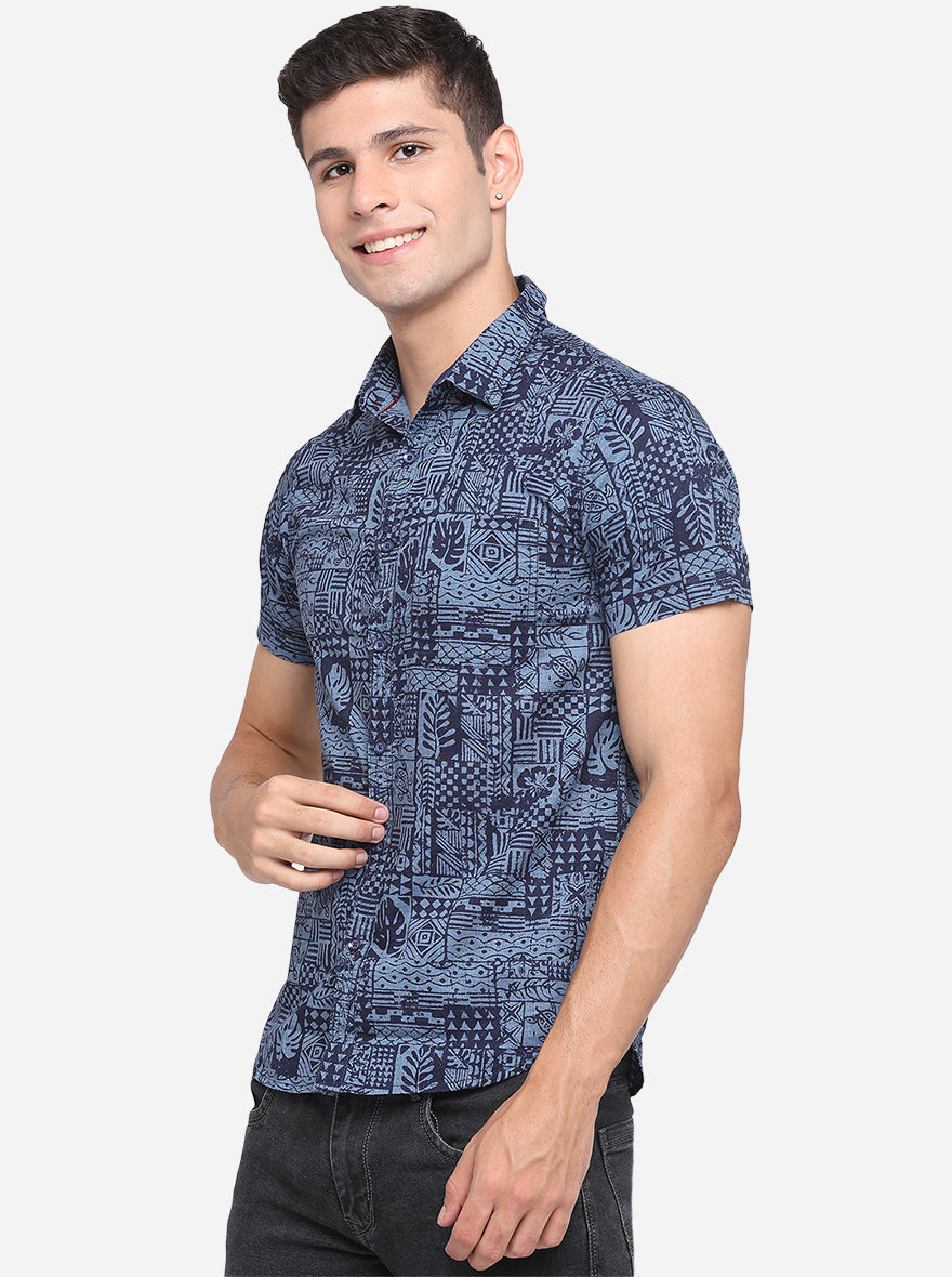 Brilliant Blue Printed Slim Fit Semi Casual Shirt | Pehervi