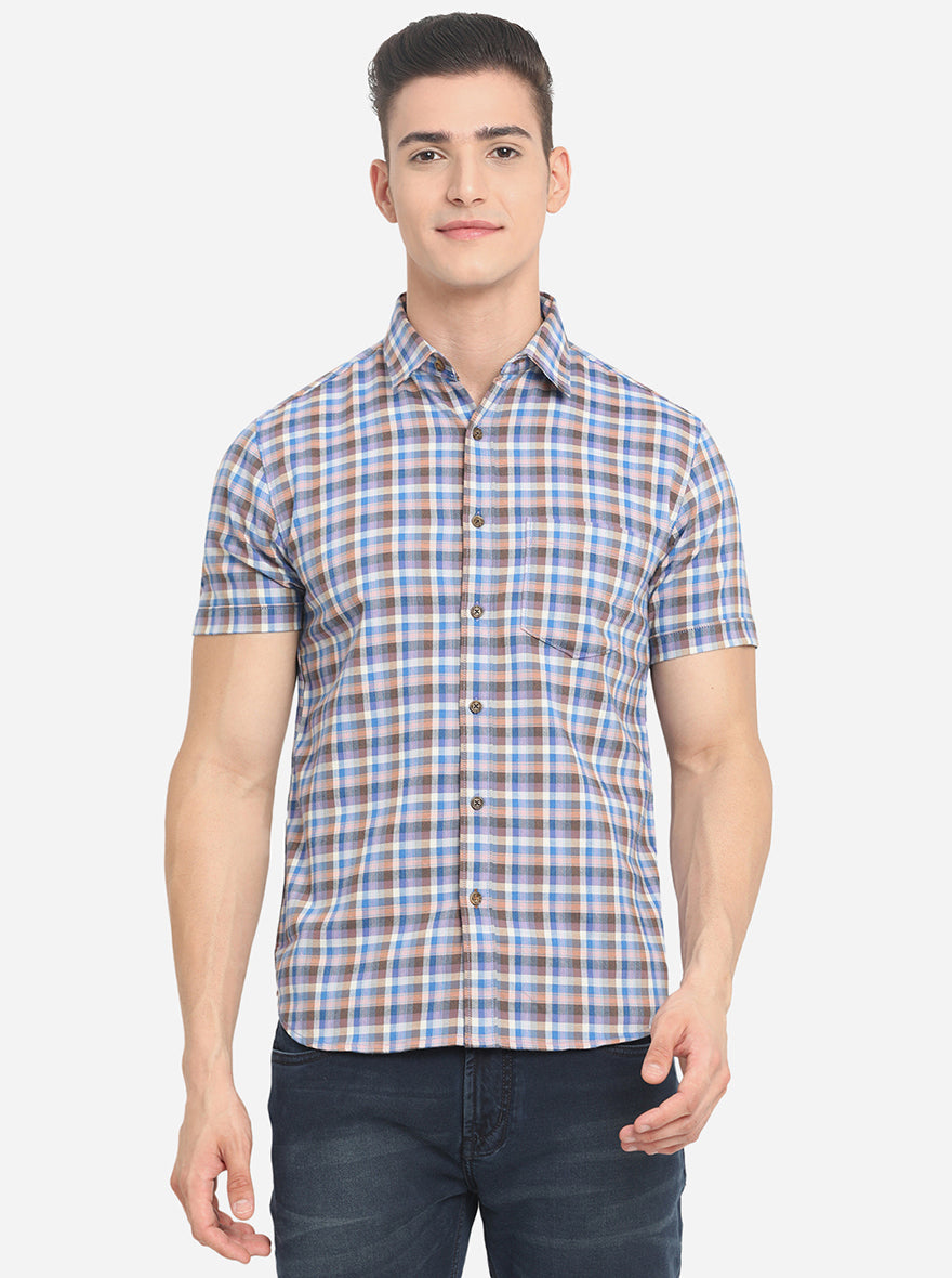 Blue & Brown Checked Slim Fit Semi Casual Shirt | Pehervi