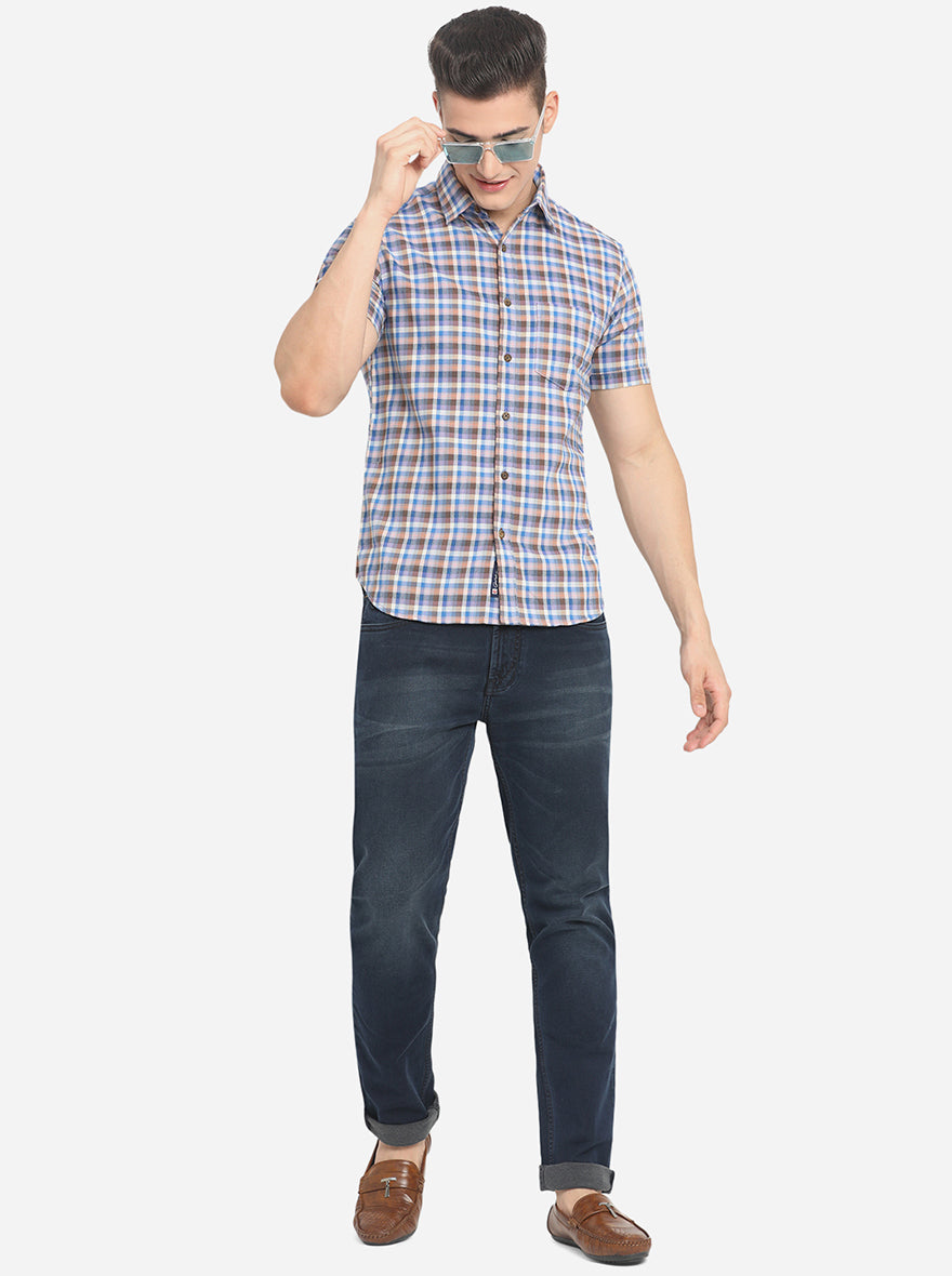 Blue & Brown Checked Slim Fit Semi Casual Shirt | Pehervi