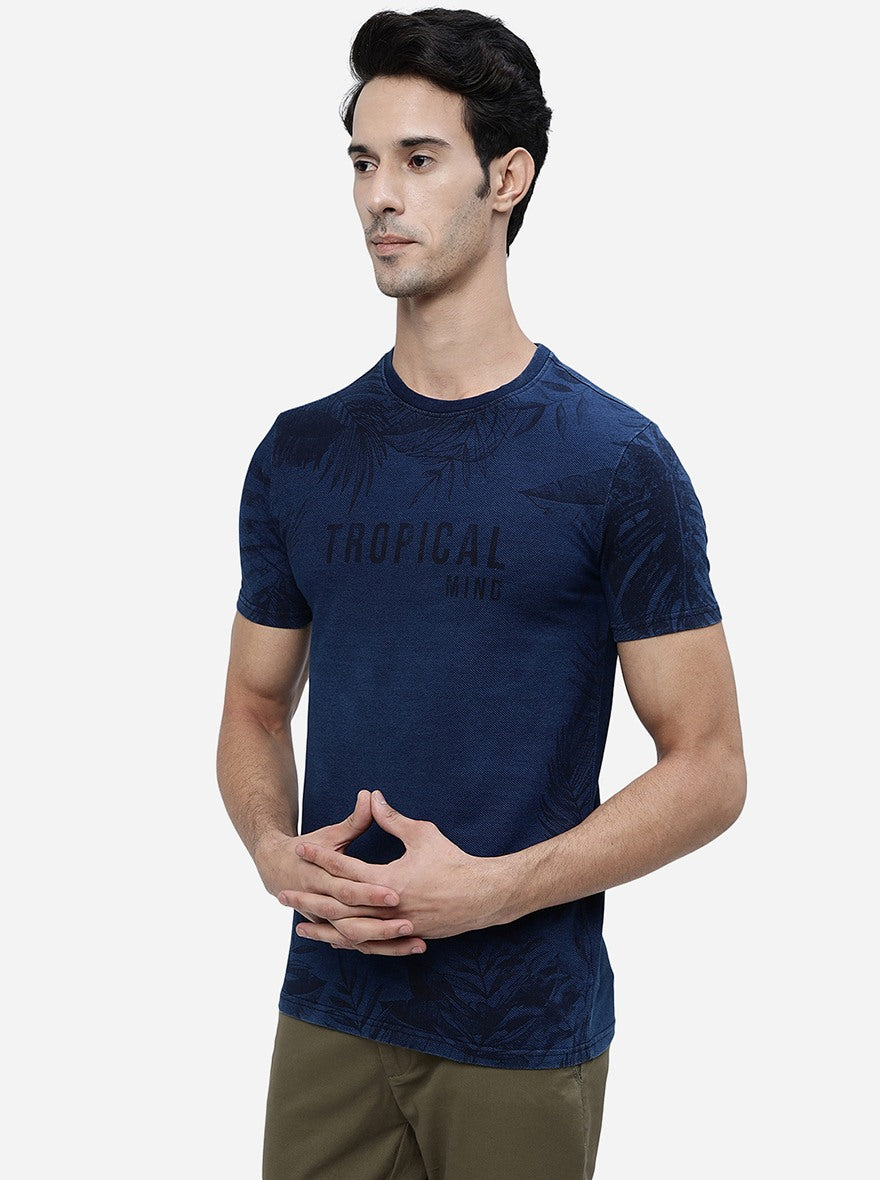 Denim Blue Printed Slim Fit T-Shirt | pehervi