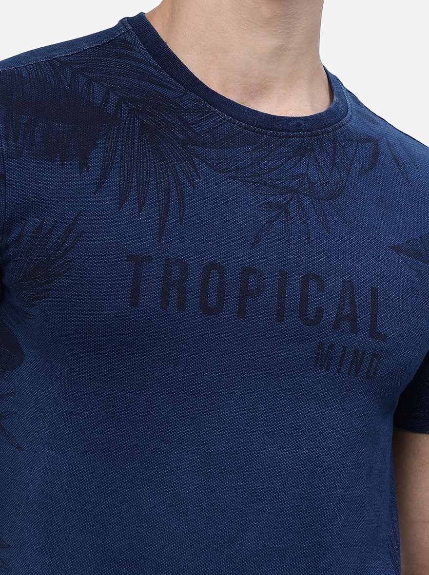 Denim Blue Printed Slim Fit T-Shirt | pehervi