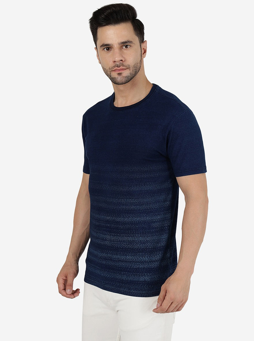 Denim Blue Solid Slim Fit T-Shirt | pehervi
